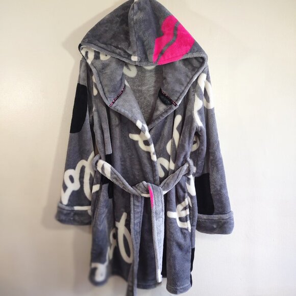 👄 BETSEY JOHNSON Pop Art Love Lips Plush Spa Robe Hooded Indie XS/Small - Picture 3 of 11
